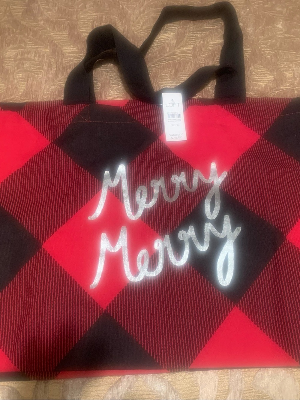 LOFT Red and Black Buffalo Plaid Tote with Silver Script